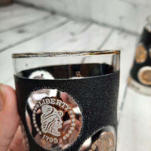 Vintage 4 Libbey Coin‎ Textured Highball Glasses Black & Gold - Picture 4 of 9